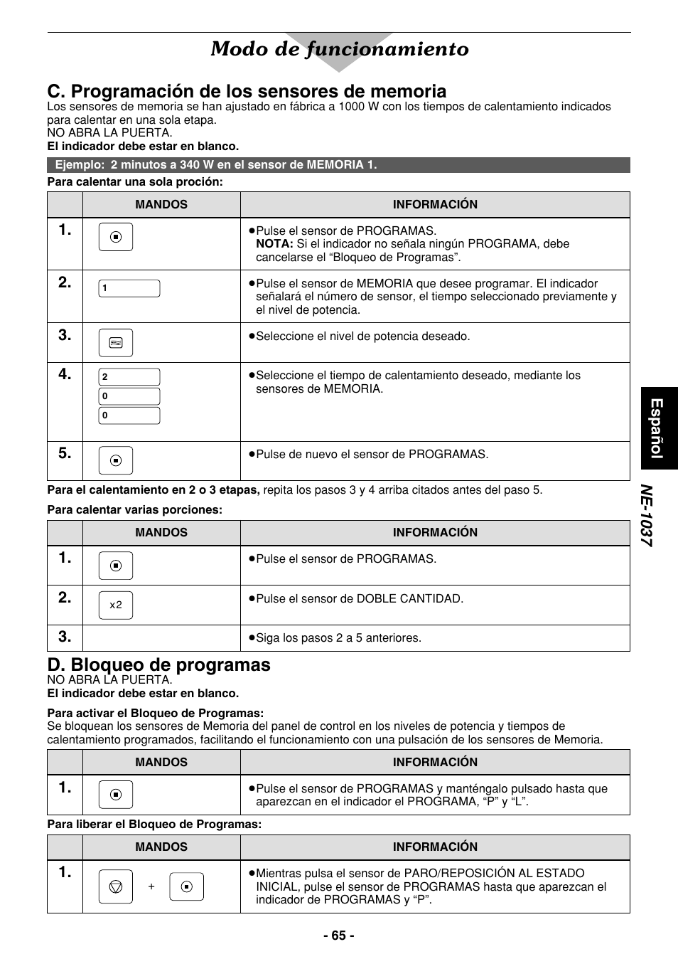 Modo de funcionamiento, D. bloqueo de programas, Espa ñ ol ne-1037 | Panasonic NE1027 User Manual | Page 65 / 116