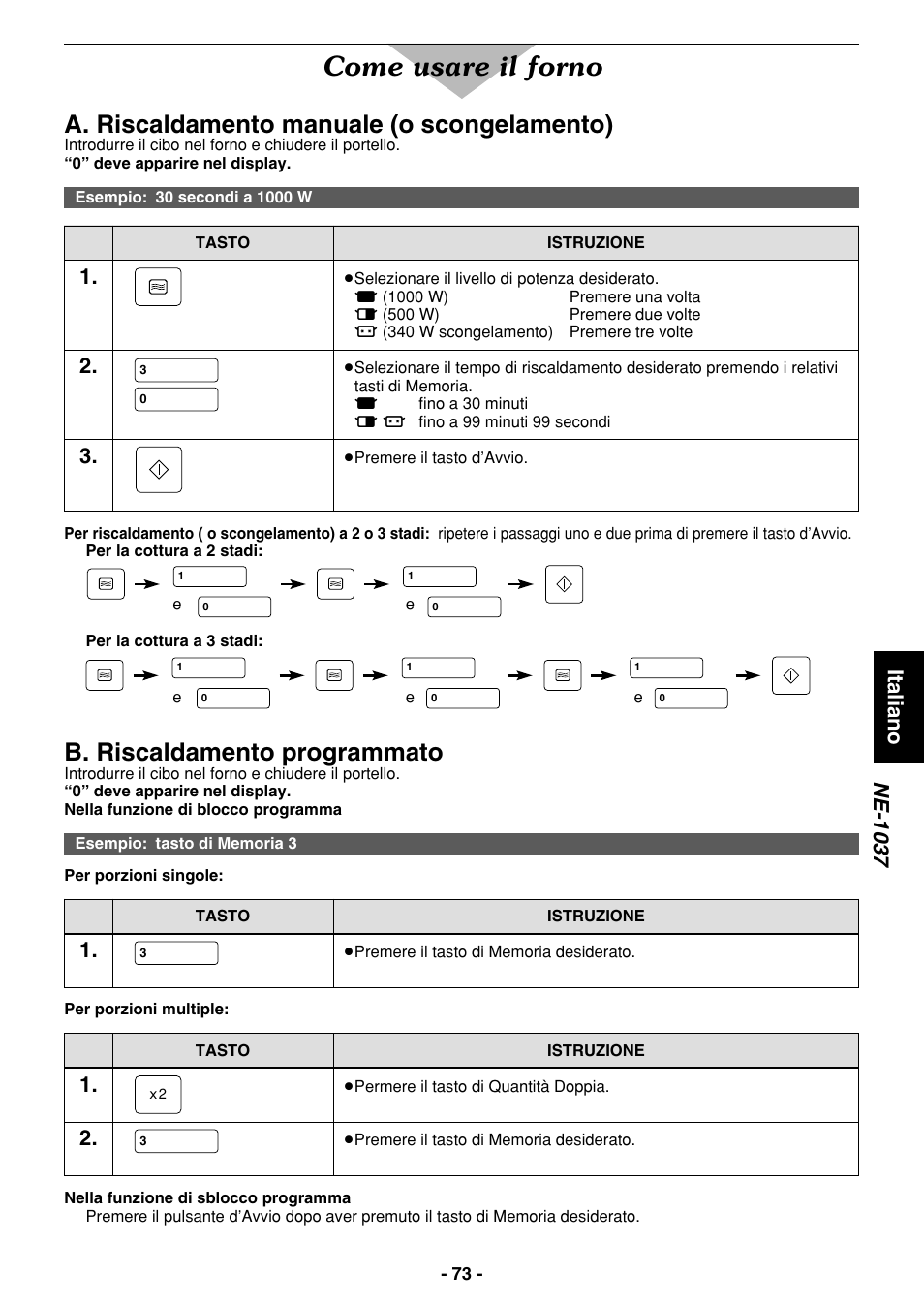 Come usare il forno, A. riscaldamento manuale (o scongelamento), B. riscaldamento programmato | Italiano ne-1037 | Panasonic NE1027 User Manual | Page 73 / 116