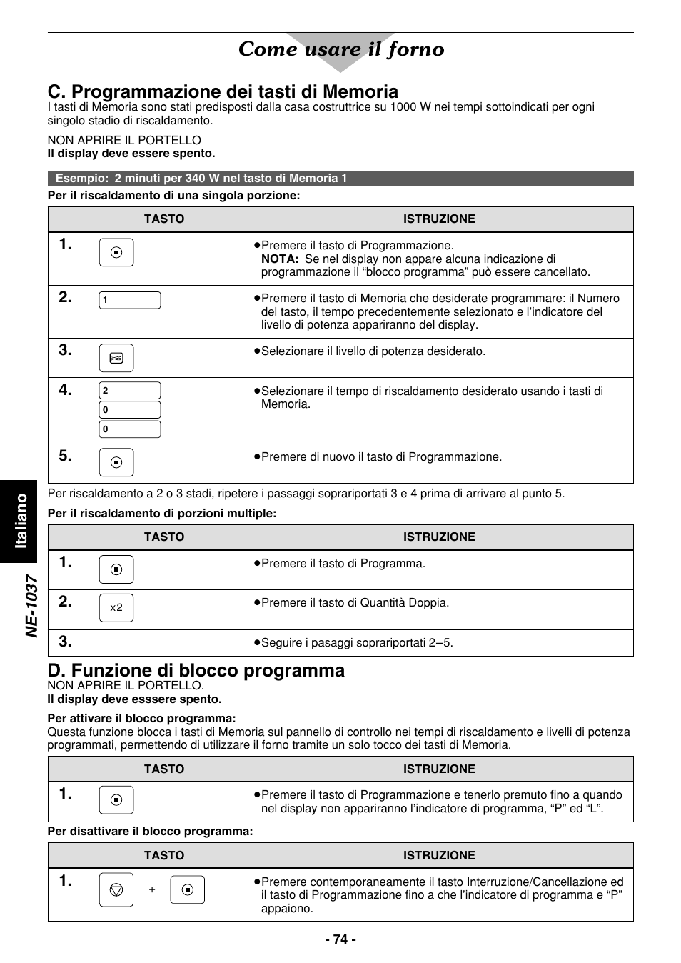 Come usare il forno, D. funzione di blocco programma, Italiano ne-1037 | Panasonic NE1027 User Manual | Page 74 / 116