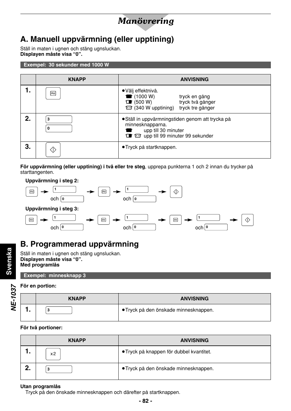 Manövrering, A. manuell uppvärmning (eller upptining), B. programmerad uppvärmning | Svenska, Ne-1037 | Panasonic NE1027 User Manual | Page 82 / 116