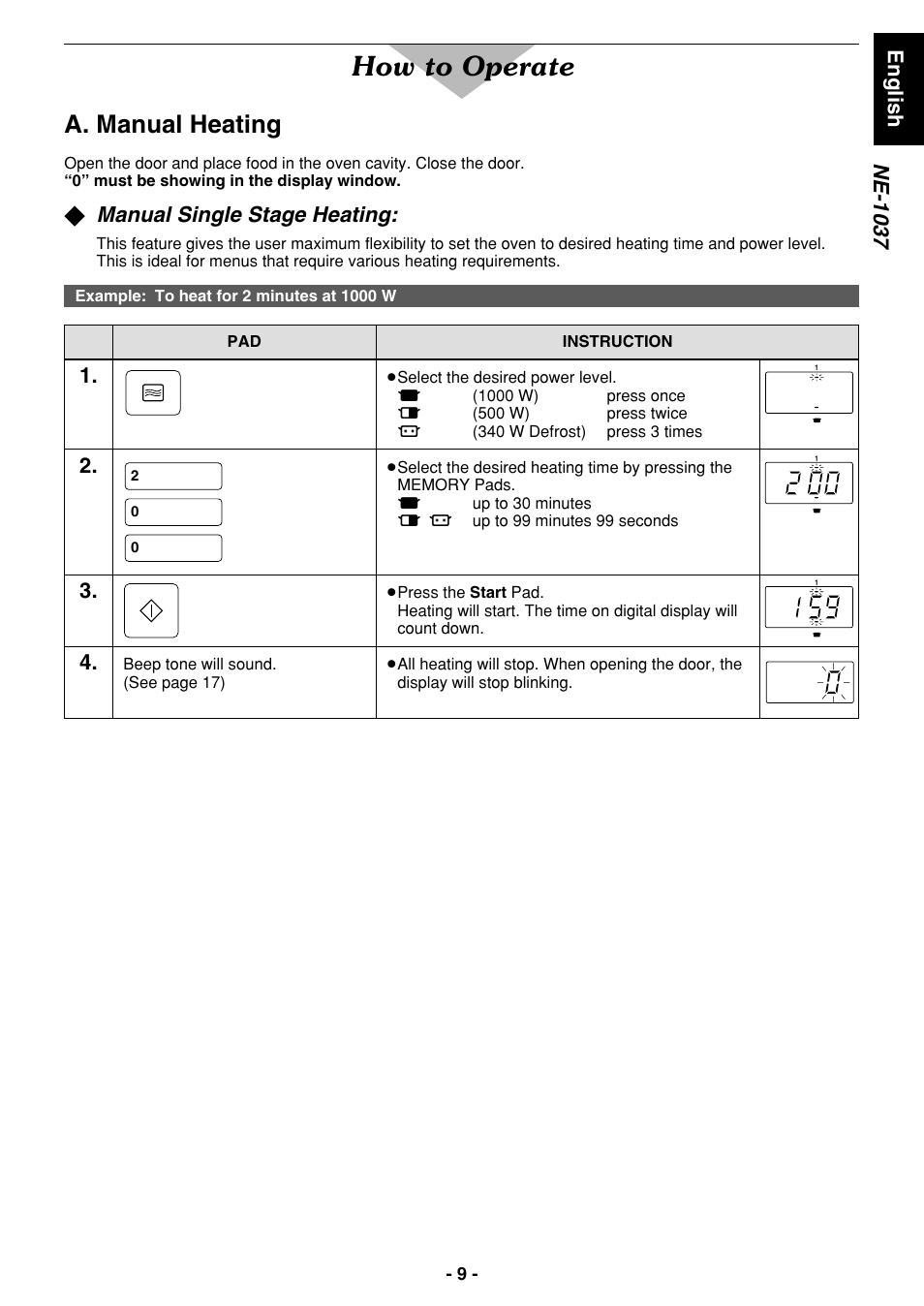 How to operate, A. manual heating, English ne-1037 | Manual single stage heating | Panasonic NE1027 User Manual | Page 9 / 116