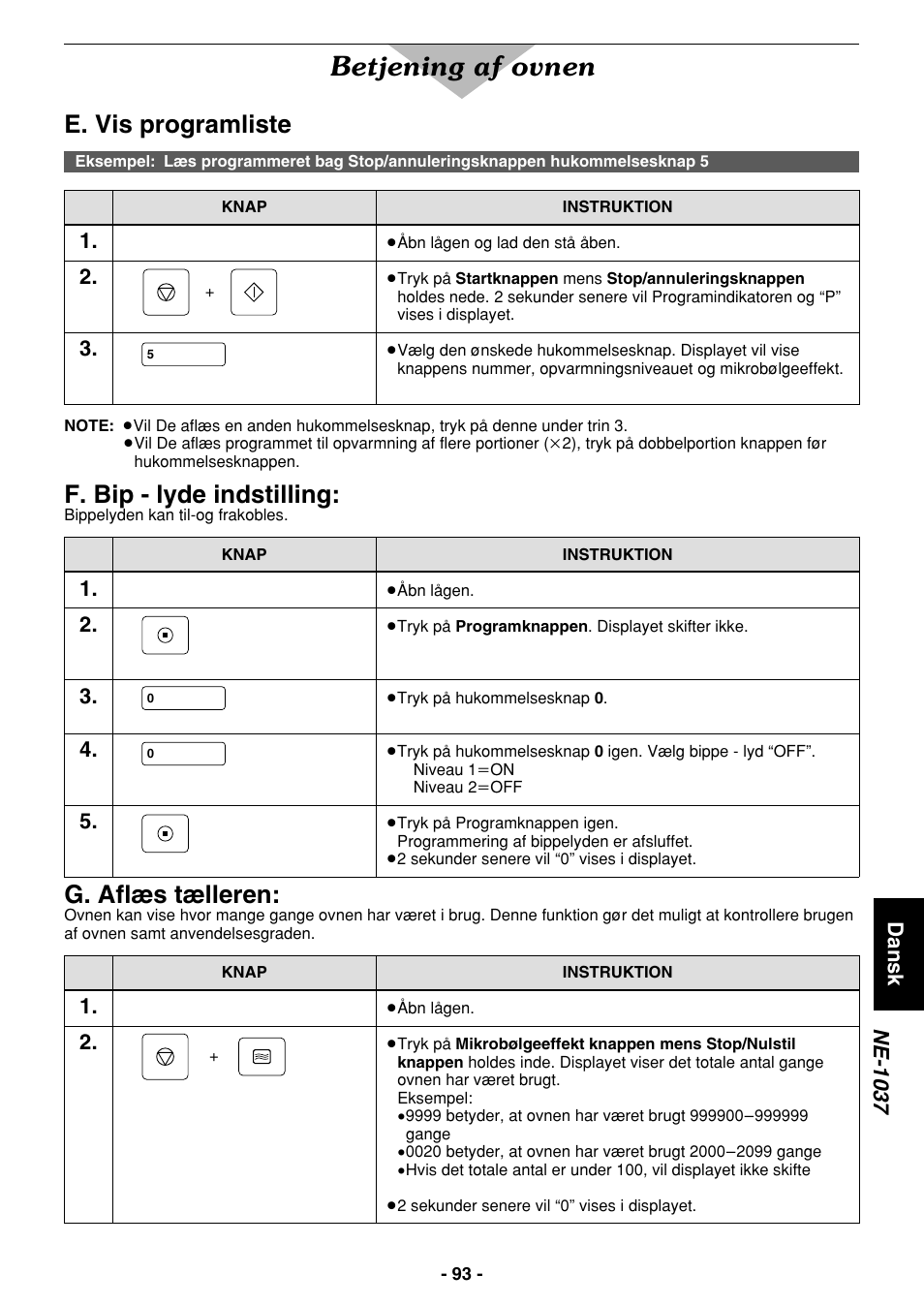 Betjening af ovnen, E. vis programliste, F. bip - lyde indstilling | G. aflæs tælleren, Dansk, Ne-1037 | Panasonic NE1027 User Manual | Page 93 / 116