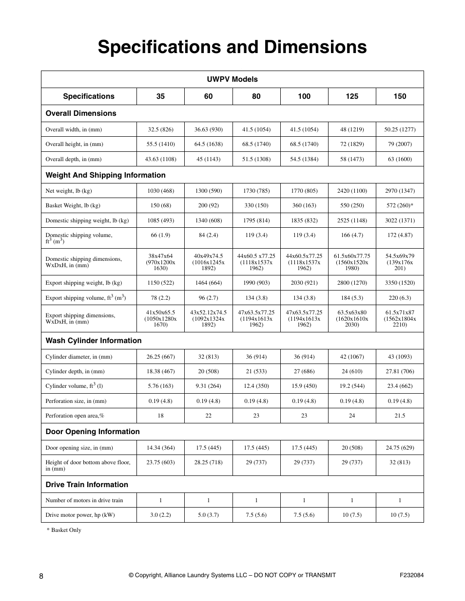Specifications and dimensions | Alliance Laundry Systems UW35PV User Manual | Page 10 / 43
