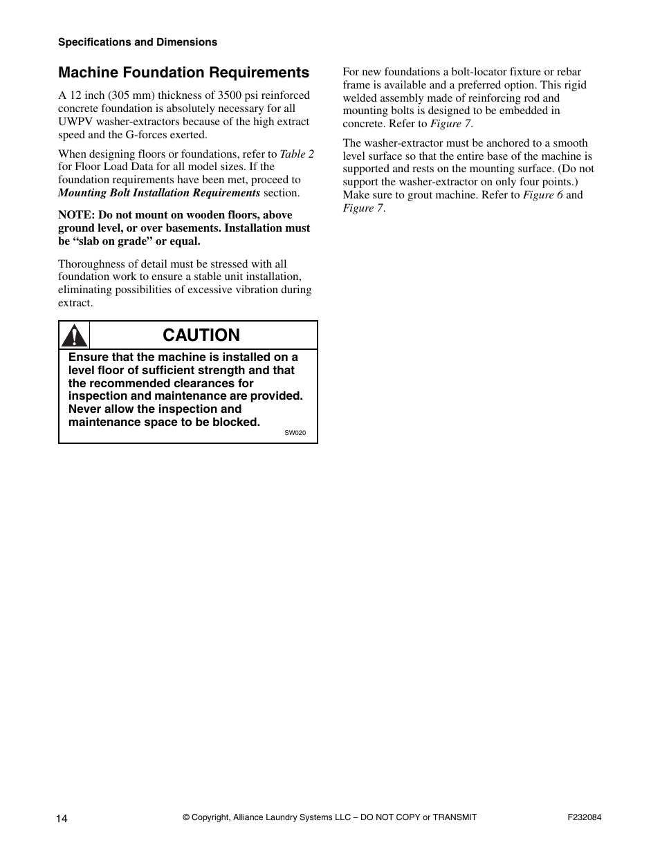 Machine foundation requirements, Caution | Alliance Laundry Systems UW35PV User Manual | Page 16 / 43