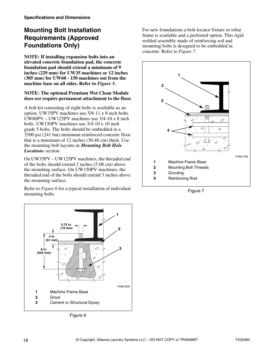 Mounting bolt installation requirements, Approved foundations only), Concrete. refer to figure 7 | Figure 6, Figure 7 | Alliance Laundry Systems UW35PV User Manual | Page 20 / 43