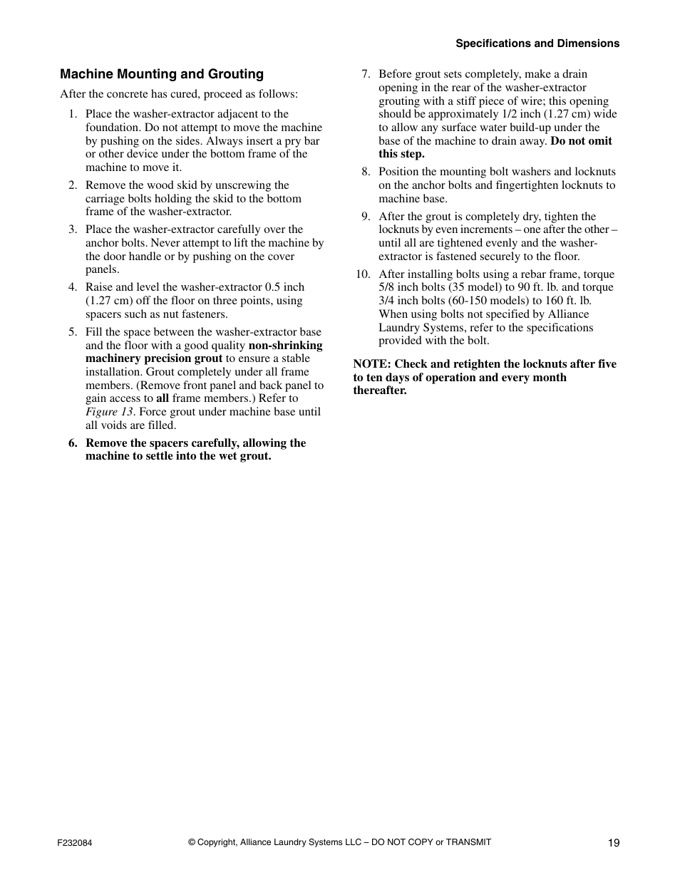 Machine mounting and grouting | Alliance Laundry Systems UW35PV User Manual | Page 21 / 43