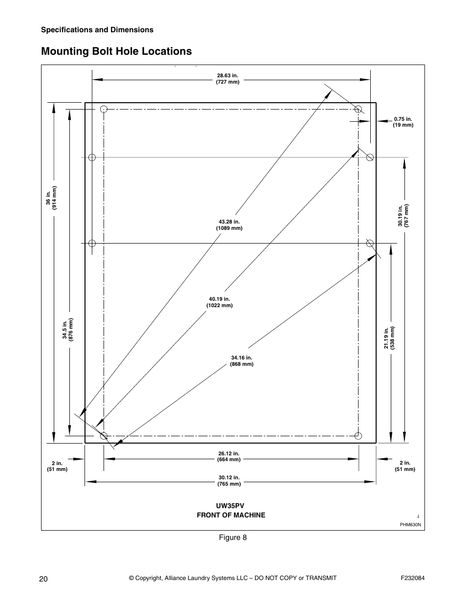Mounting bolt hole locations, Specifications and dimensions, Figure 8 | Alliance Laundry Systems UW35PV User Manual | Page 22 / 43