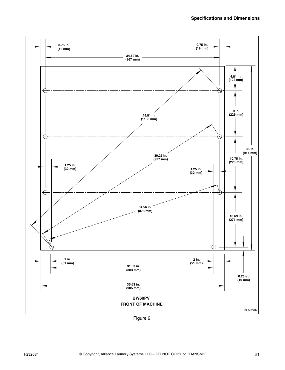 Specifications and dimensions 21, Figure 9 | Alliance Laundry Systems UW35PV User Manual | Page 23 / 43