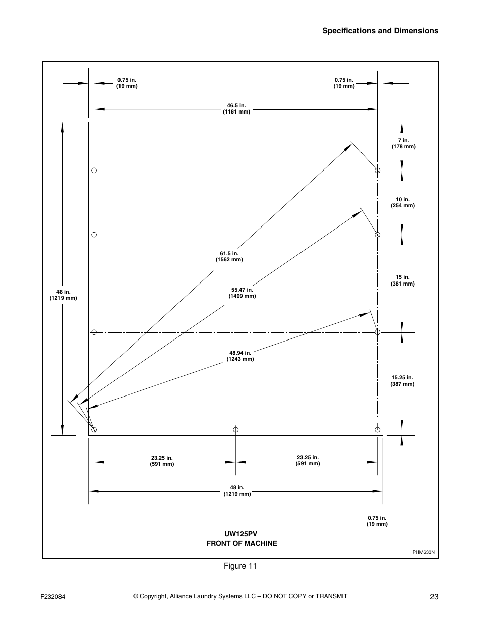 Phm569n, Specifications and dimensions 23, Figure 11 | Alliance Laundry Systems UW35PV User Manual | Page 25 / 43