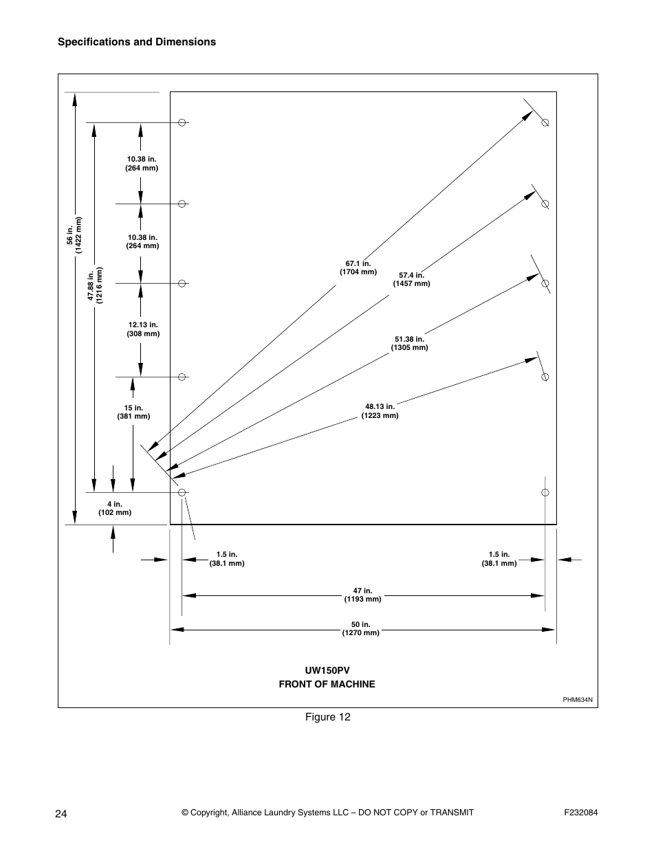 Specifications and dimensions, Figure 12, Uw150pv | Front of machine | Alliance Laundry Systems UW35PV User Manual | Page 26 / 43