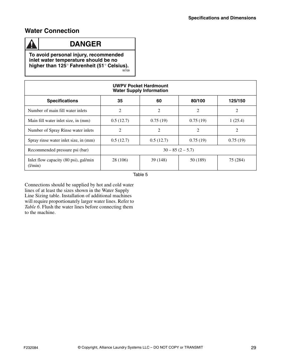 Water connection, Danger | Alliance Laundry Systems UW35PV User Manual | Page 31 / 43