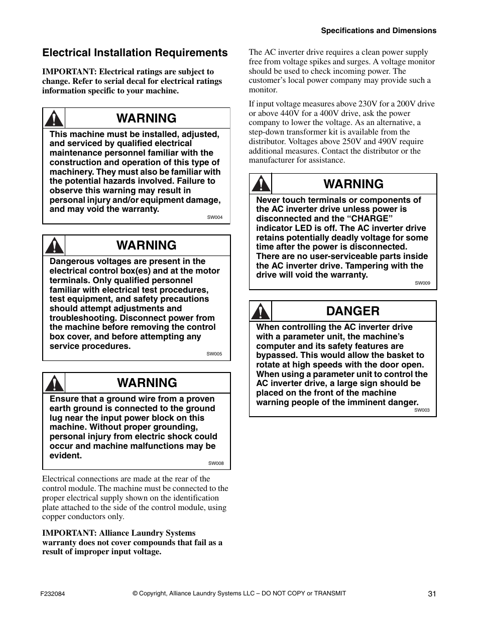 Electrical installation requirements, Warning, Danger | Alliance Laundry Systems UW35PV User Manual | Page 33 / 43
