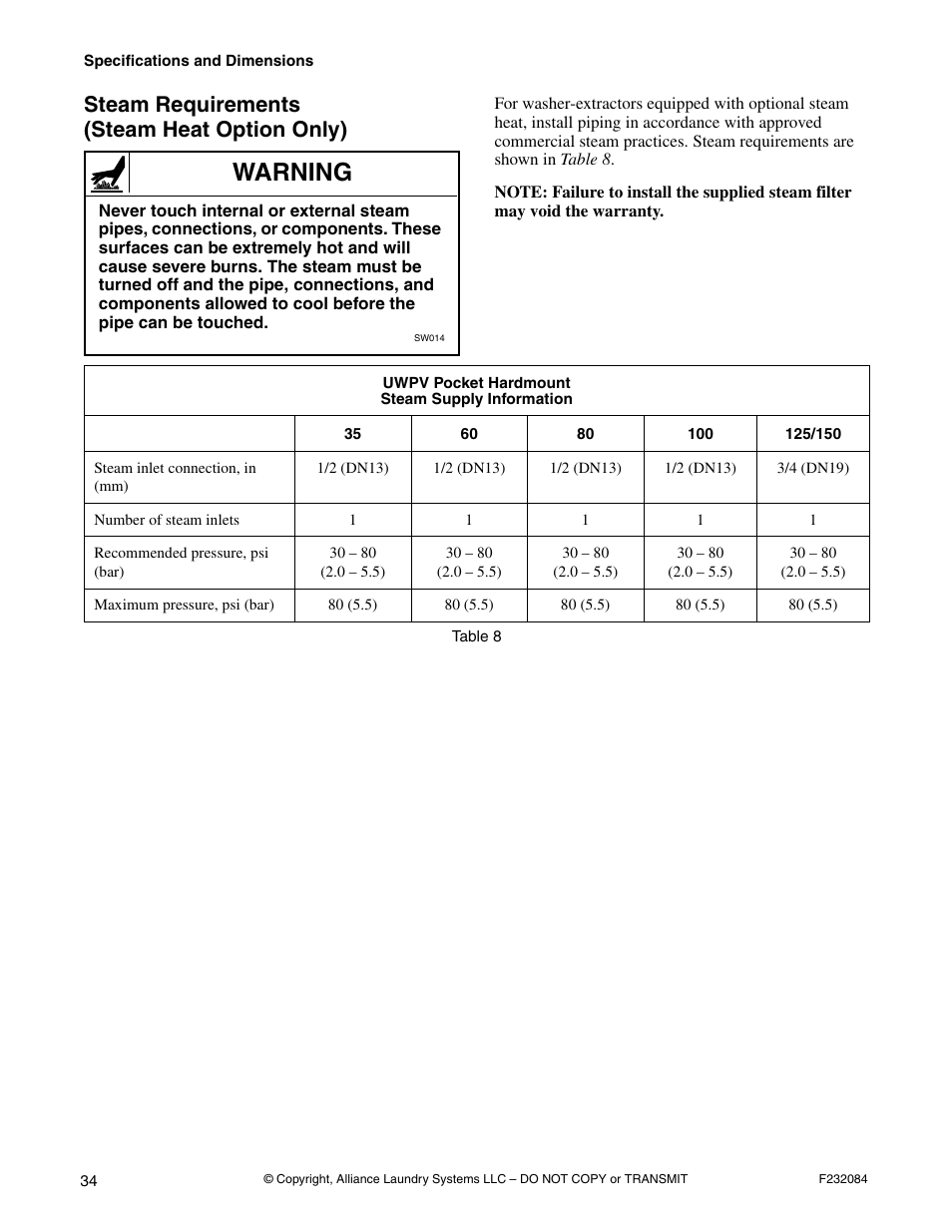 Steam requirements (steam heat option only), Warning | Alliance Laundry Systems UW35PV User Manual | Page 36 / 43