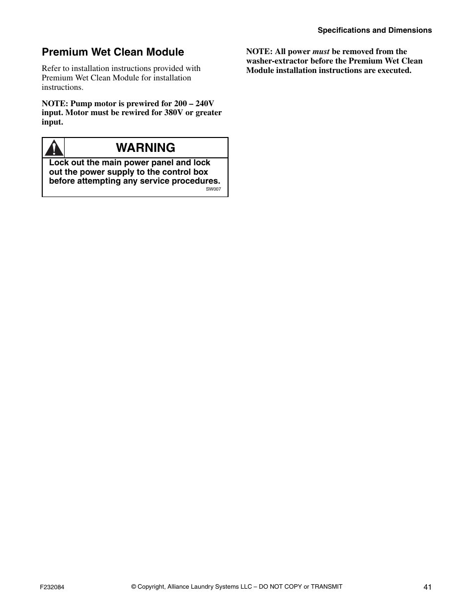 Premium wet clean module, Warning | Alliance Laundry Systems UW35PV User Manual | Page 43 / 43