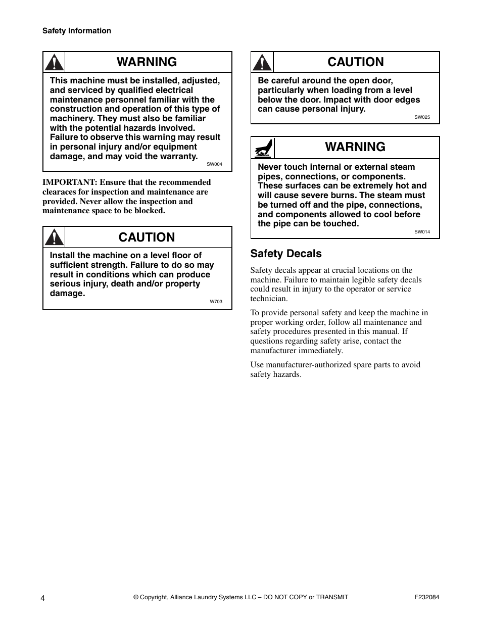 Safety decals, Warning, Caution | Alliance Laundry Systems UW35PV User Manual | Page 6 / 43