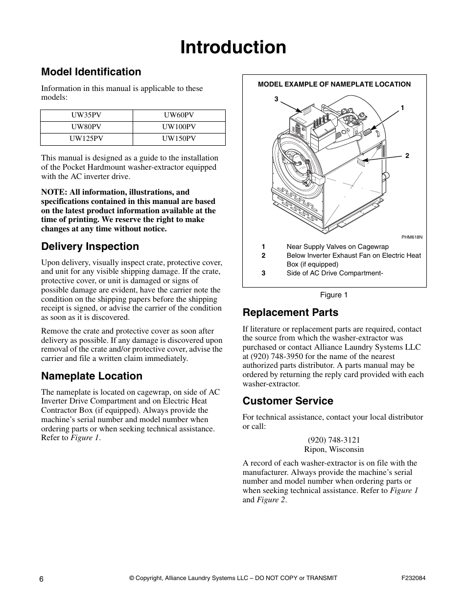 Introduction, Model identification, Delivery inspection | Nameplate location, Replacement parts, Customer service | Alliance Laundry Systems UW35PV User Manual | Page 8 / 43