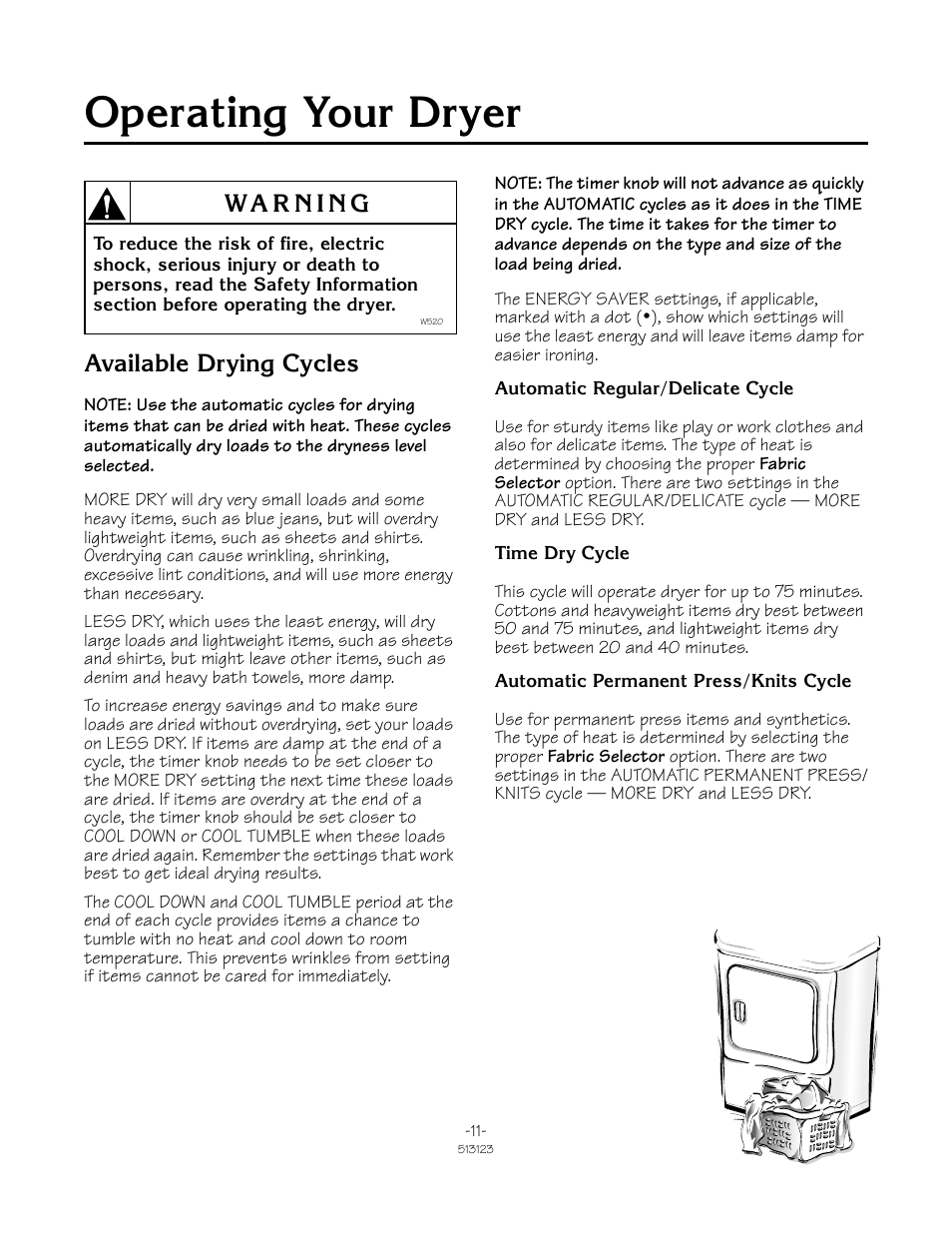 Operating your dryer, Available drying cycles | Alliance Laundry Systems TLW2032N User Manual | Page 11 / 18