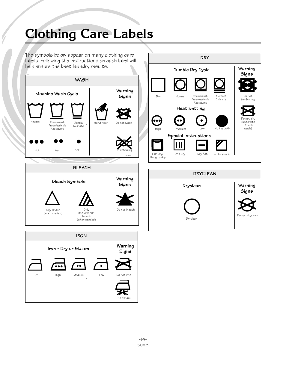 Clothing care labels, Wash bleach iron, Machine wash cycle | Warning signs, Bleach symbols, Iron - dry or steam, Dry dryclean, Tumble dry cycle warning signs, Special instructions, Heat setting | Alliance Laundry Systems TLW2032N User Manual | Page 14 / 18