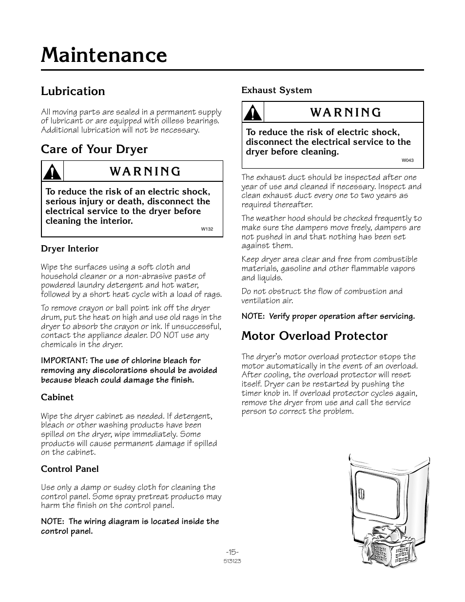 Maintenance, Lubrication, Care of your dryer | Motor overload protector | Alliance Laundry Systems TLW2032N User Manual | Page 15 / 18