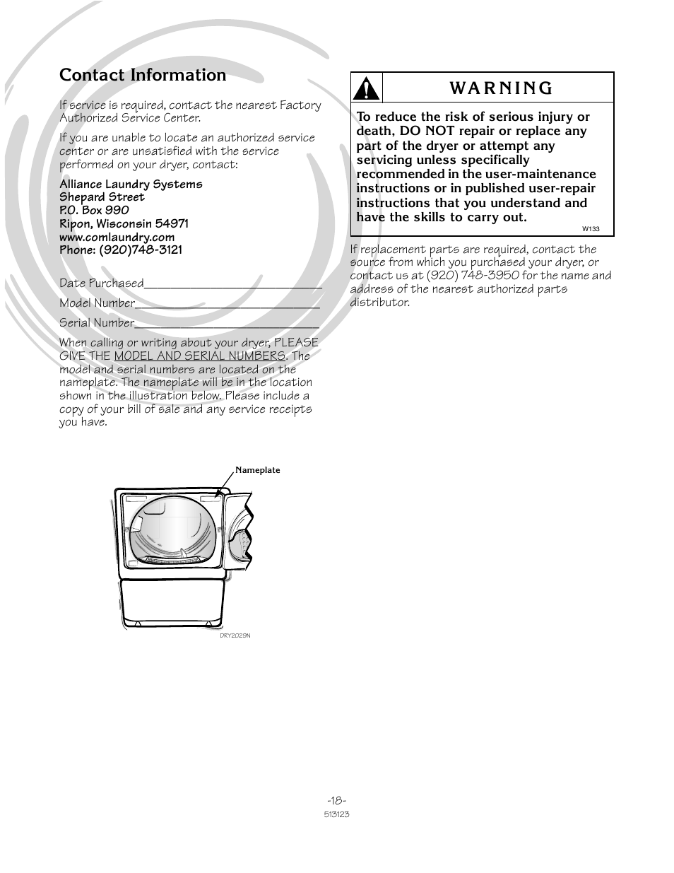 Contact information | Alliance Laundry Systems TLW2032N User Manual | Page 18 / 18