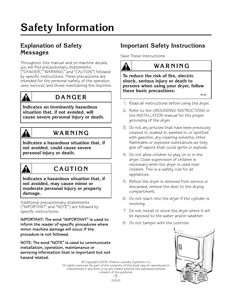Safety information, Explanation of safety messages, Important safety instructions | Alliance Laundry Systems TLW2032N User Manual | Page 3 / 18