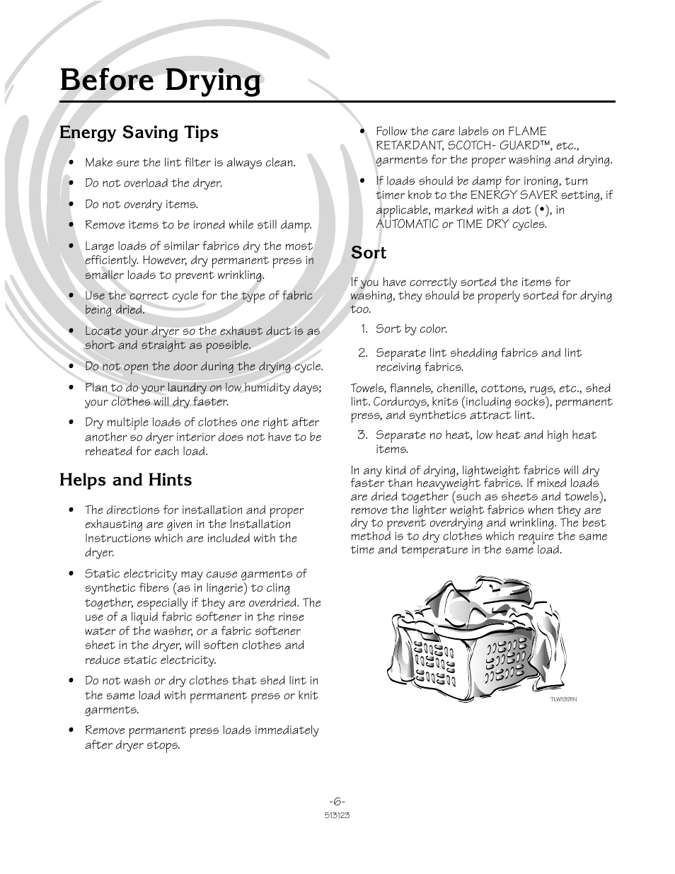 Before drying, Energy saving tips, Helps and hints | Sort | Alliance Laundry Systems TLW2032N User Manual | Page 6 / 18