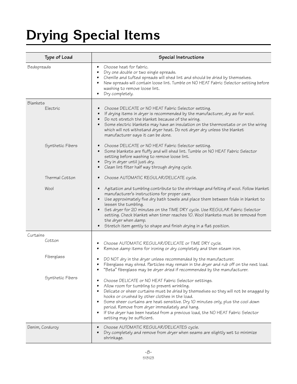 Drying special items | Alliance Laundry Systems TLW2032N User Manual | Page 8 / 18