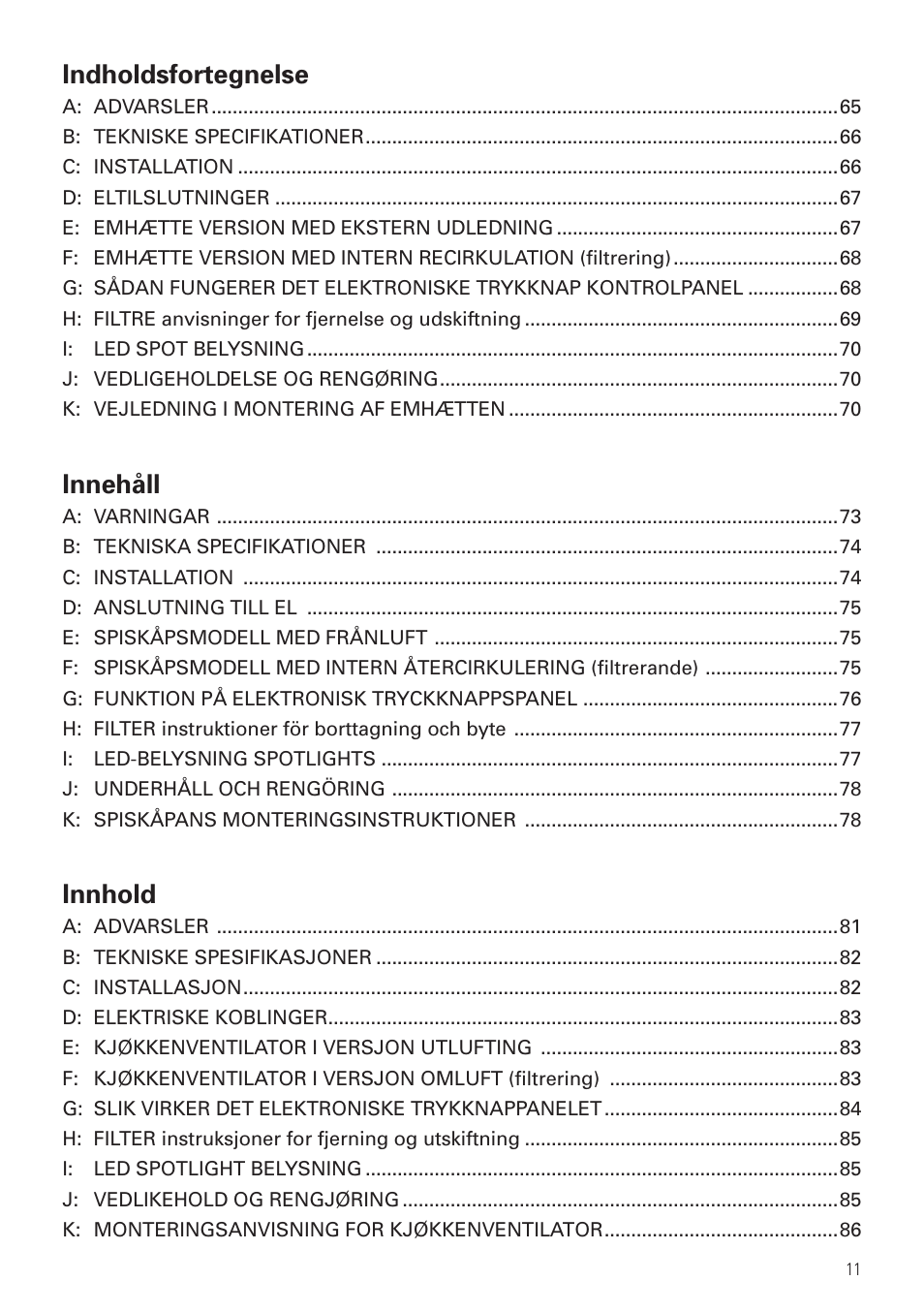 Indholdsfortegnelse, Innehåll, Innhold | Panasonic KHB90FBW1 User Manual | Page 13 / 92