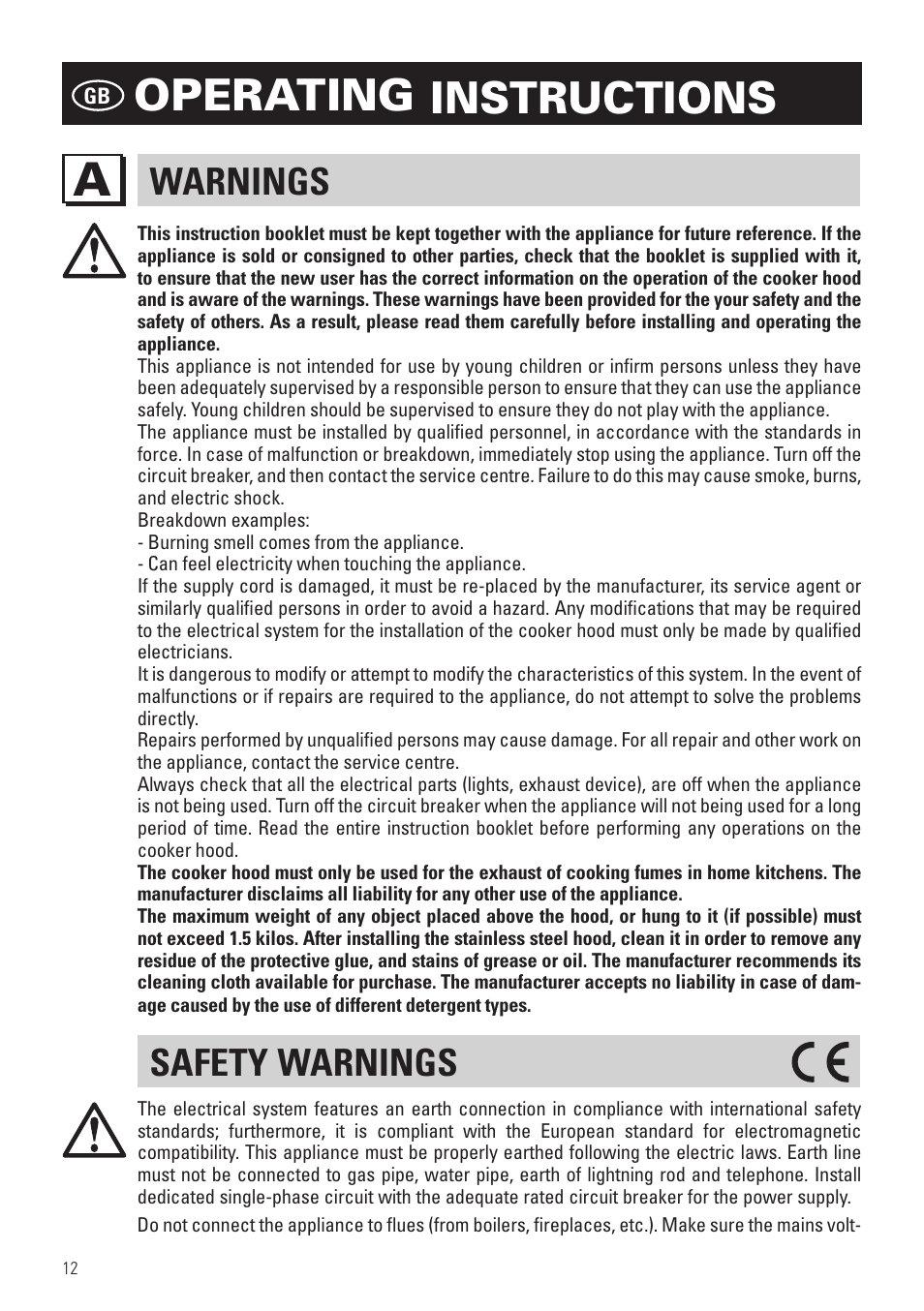 Operating instructions, Warnings, Safety warnings | Panasonic KHB90FBW1 User Manual | Page 14 / 92