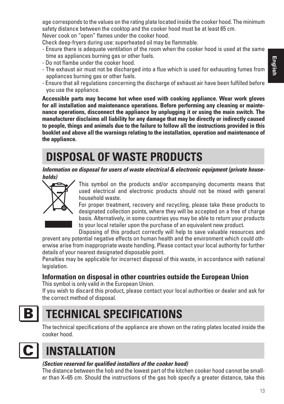 Disposal of waste products, Technical specifications, Installation | Panasonic KHB90FBW1 User Manual | Page 15 / 92