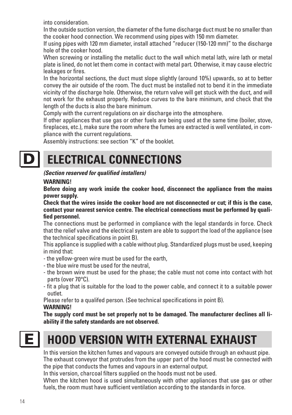 Electrical connections, Hood version with external exhaust | Panasonic KHB90FBW1 User Manual | Page 16 / 92