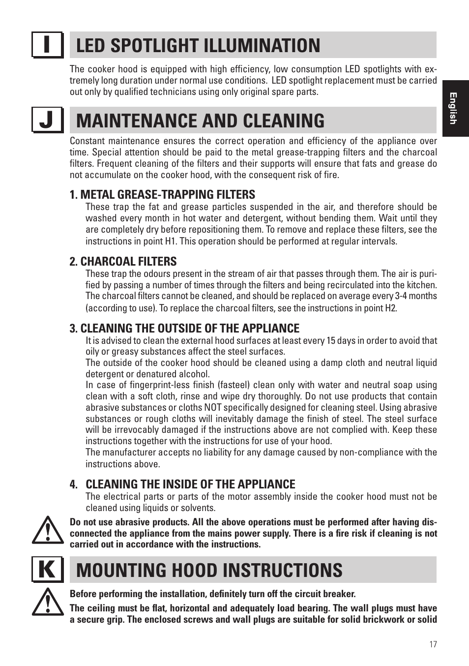 Led spotlight illumination, Maintenance and cleaning, Mounting hood instructions | Panasonic KHB90FBW1 User Manual | Page 19 / 92