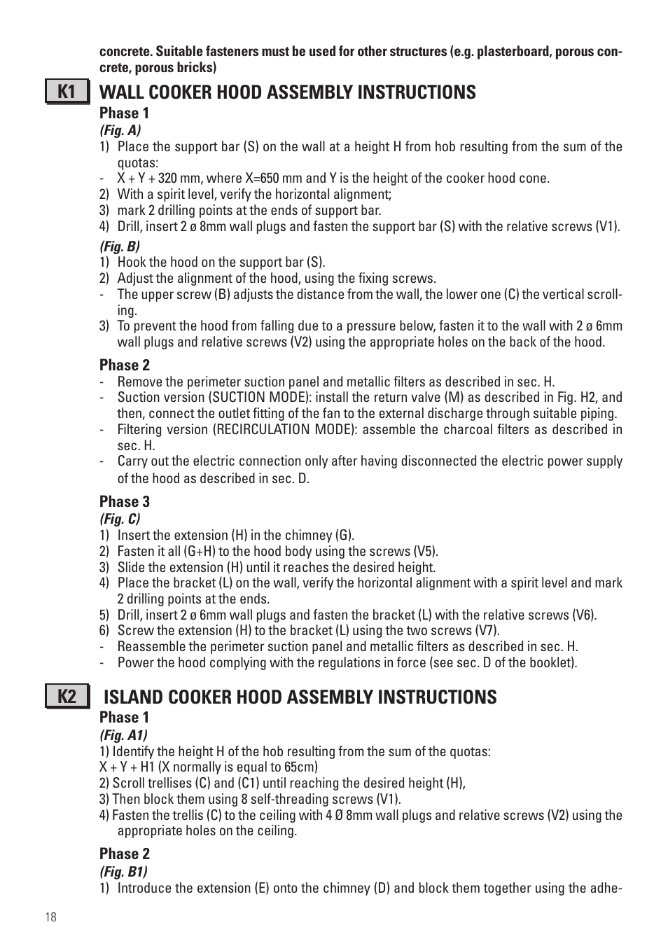 K1 wall cooker hood assembly instructions, K2 island cooker hood assembly instructions | Panasonic KHB90FBW1 User Manual | Page 20 / 92
