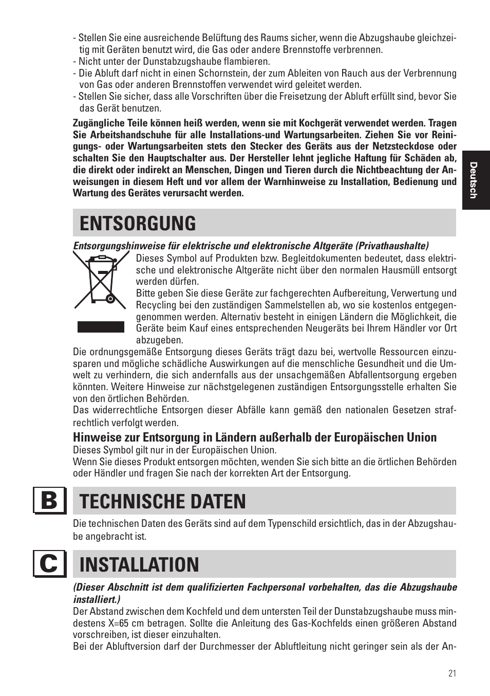 Entsorgung, Technische daten, Installation | Panasonic KHB90FBW1 User Manual | Page 23 / 92