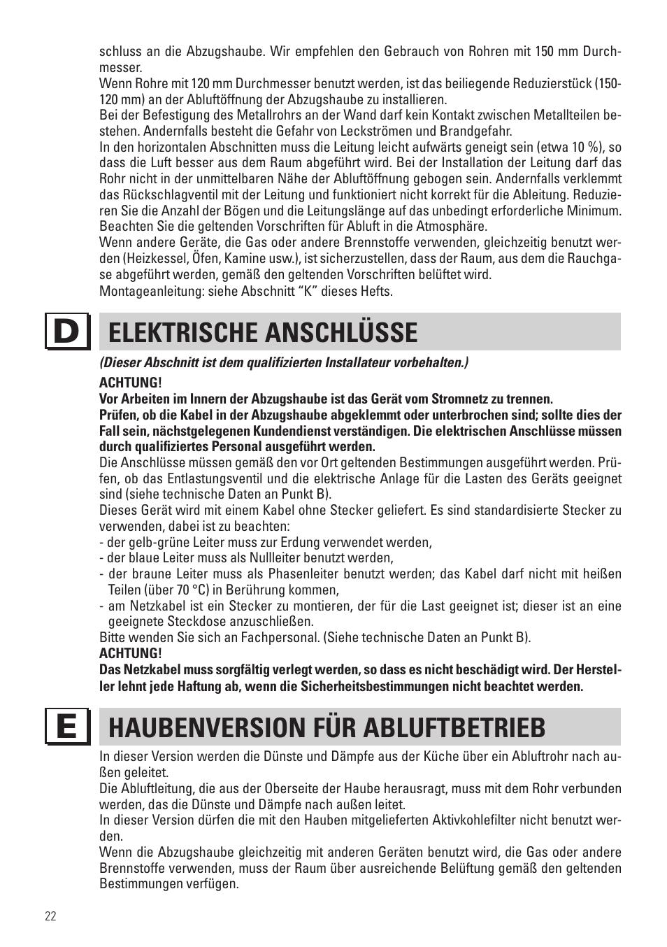 Elektrische anschlüsse, Haubenversion für abluftbetrieb | Panasonic KHB90FBW1 User Manual | Page 24 / 92