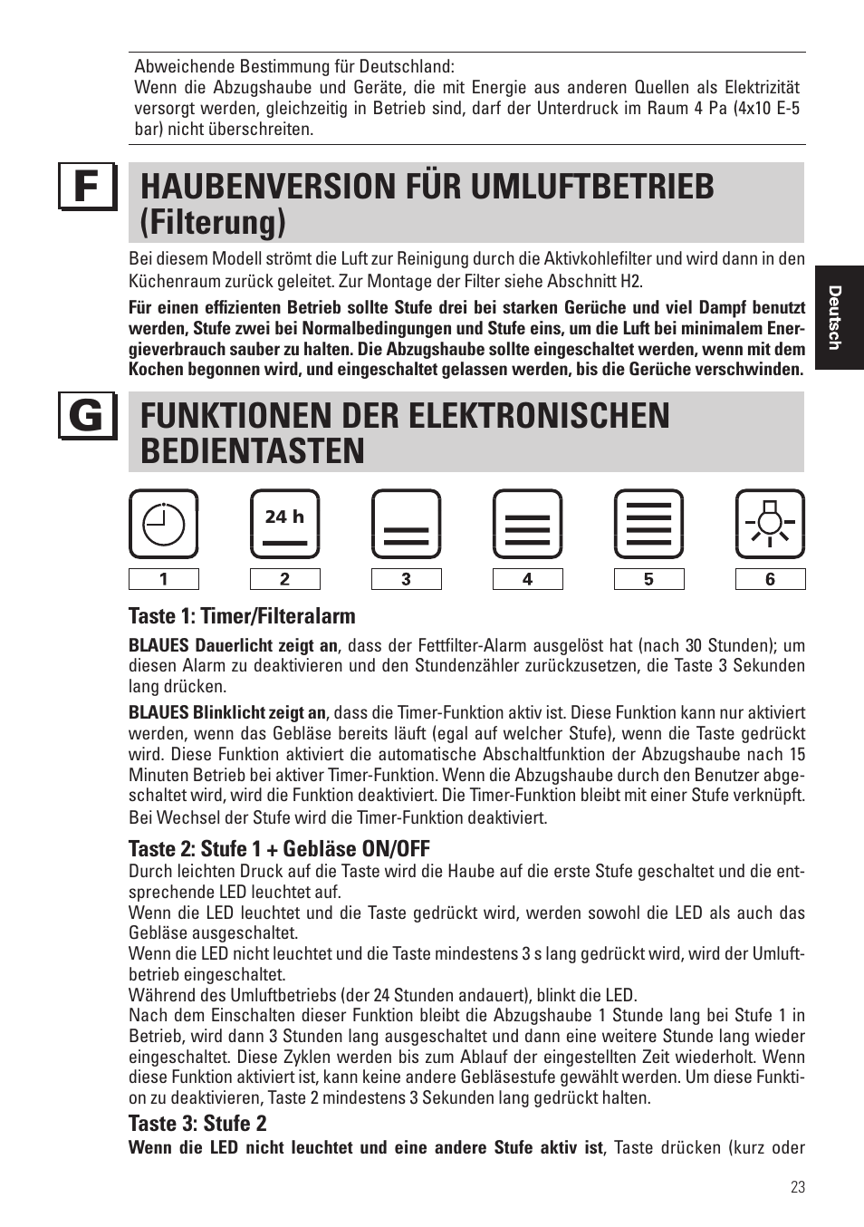 Haubenversion für umluftbetrieb (filterung), Funktionen der elektronischen bedientasten | Panasonic KHB90FBW1 User Manual | Page 25 / 92