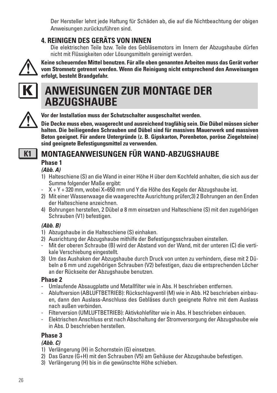 Anweisungen zur montage der abzugshaube, K1 montageanweisungen für wand-abzugshaube | Panasonic KHB90FBW1 User Manual | Page 28 / 92