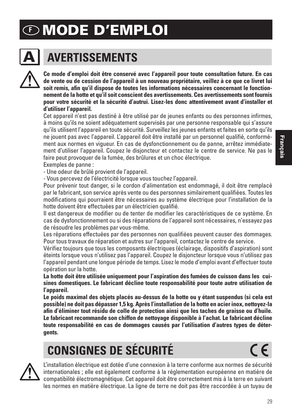 Mode d’emploi, Avertissements, Consignes de sécurité | Panasonic KHB90FBW1 User Manual | Page 31 / 92
