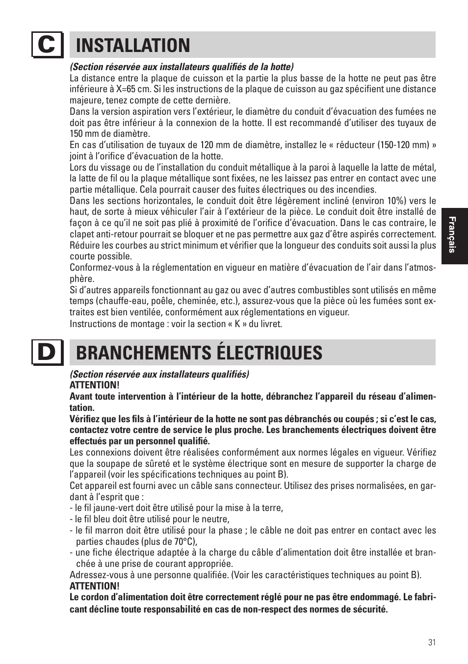 Installation, Branchements électriques | Panasonic KHB90FBW1 User Manual | Page 33 / 92