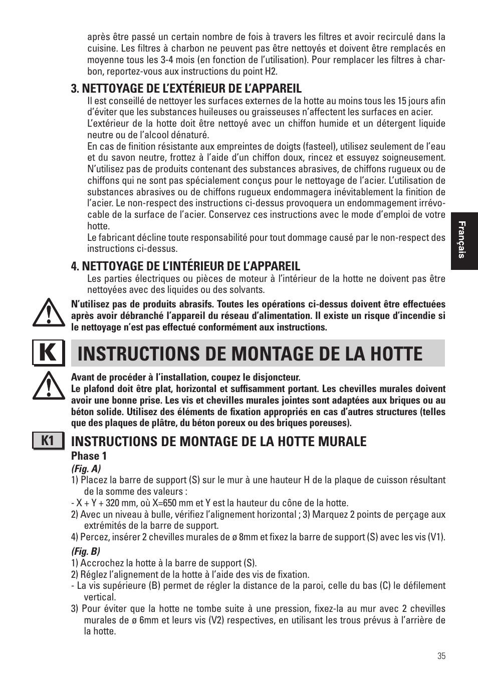 Instructions de montage de la hotte, K1 instructions de montage de la hotte murale | Panasonic KHB90FBW1 User Manual | Page 37 / 92