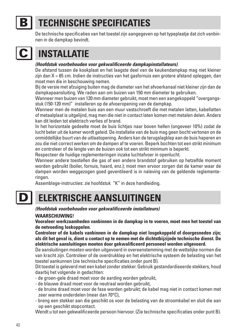Technische specificaties, Installatie, Elektrische aansluitingen | Panasonic KHB90FBW1 User Manual | Page 42 / 92