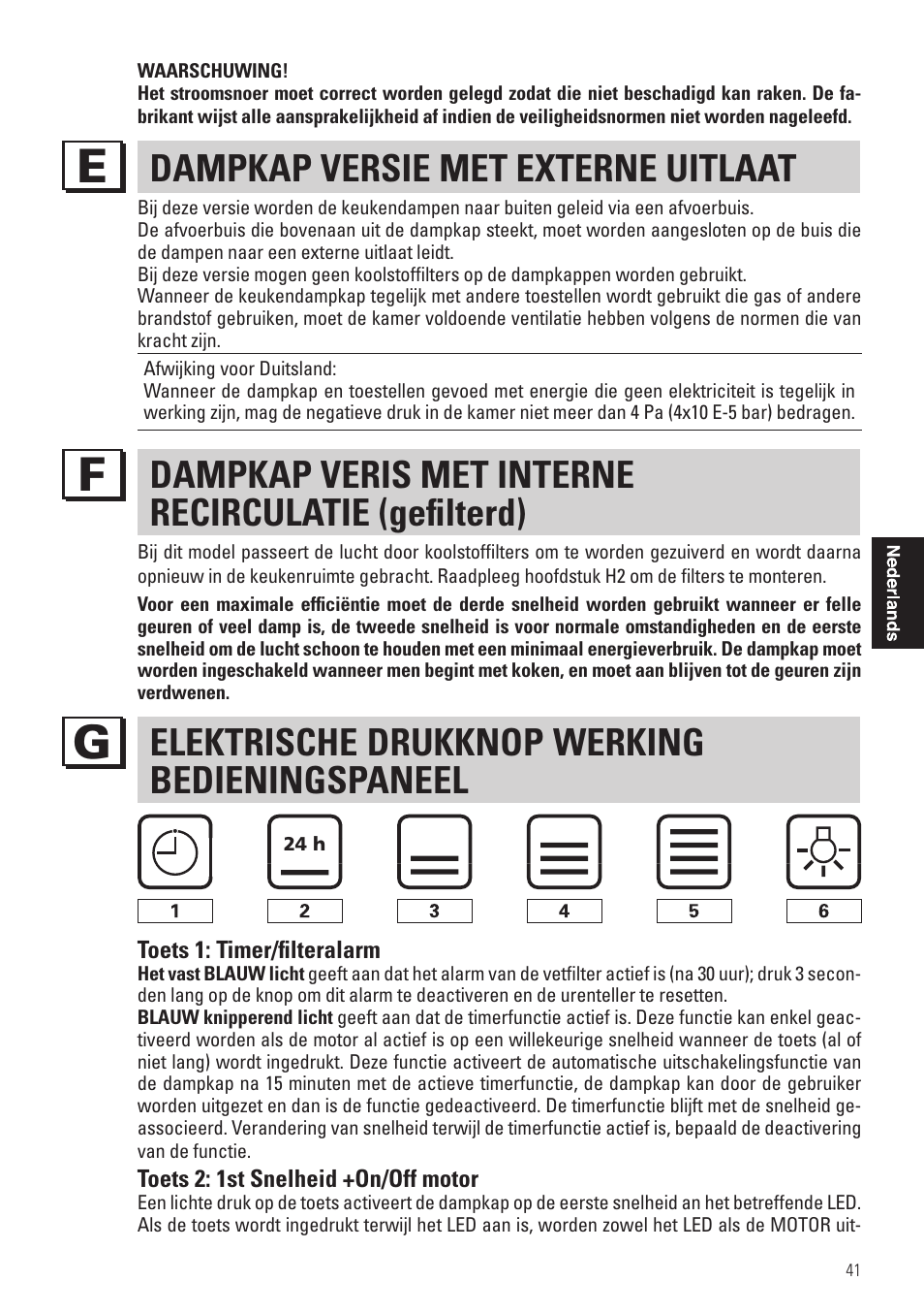 Dampkap versie met externe uitlaat, Elektrische drukknop werking bedieningspaneel | Panasonic KHB90FBW1 User Manual | Page 43 / 92