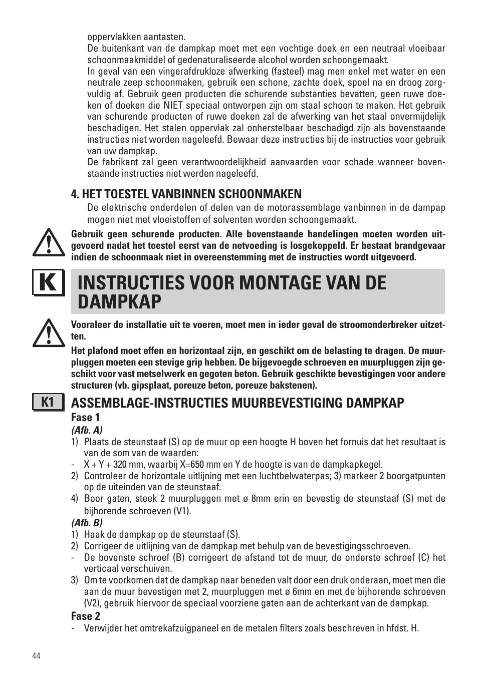 Instructies voor montage van de dampkap, K1 assemblage-instructies muurbevestiging dampkap | Panasonic KHB90FBW1 User Manual | Page 46 / 92