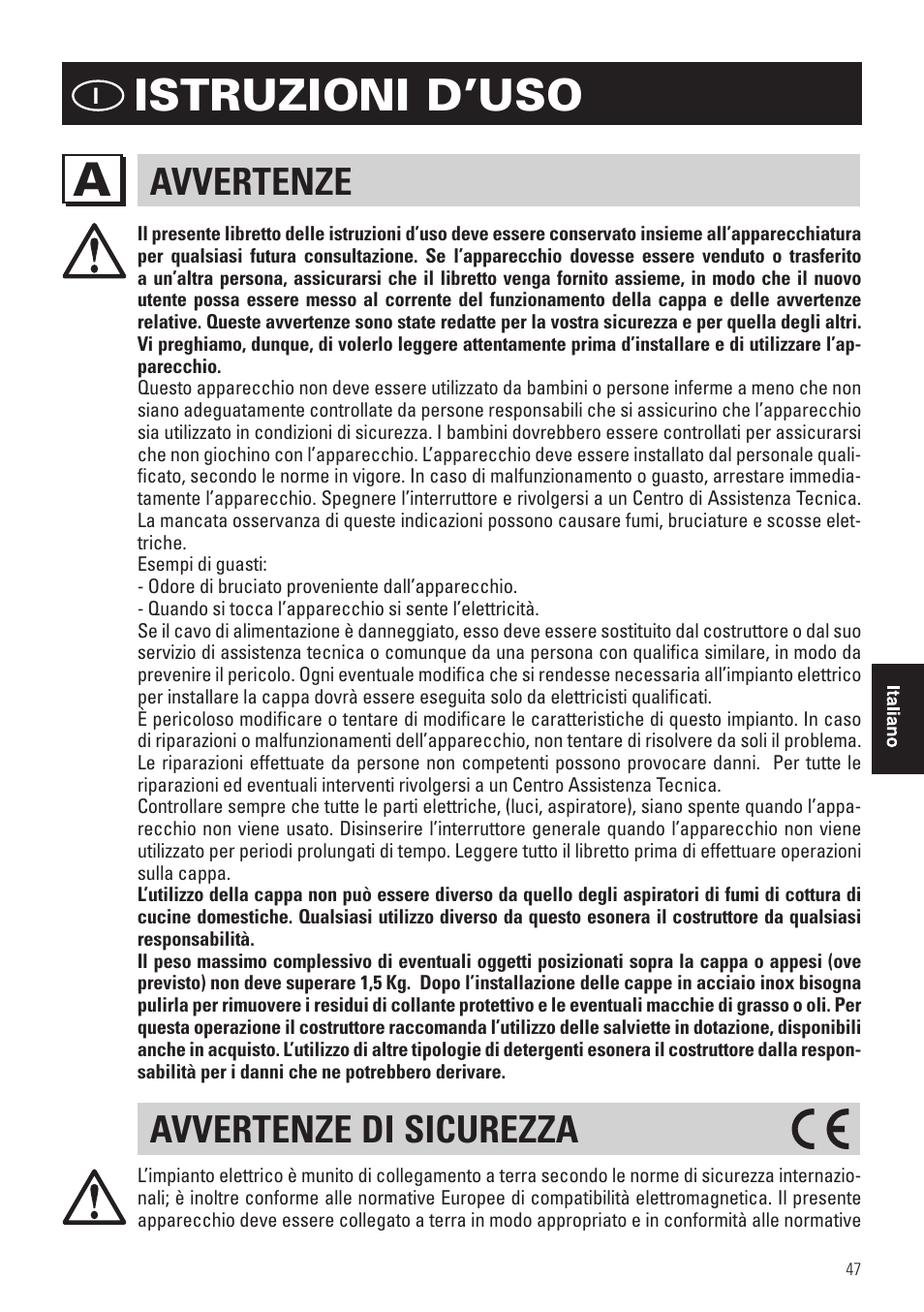 Istruzioni d’uso, Avvertenze, Avvertenze di sicurezza | Panasonic KHB90FBW1 User Manual | Page 49 / 92