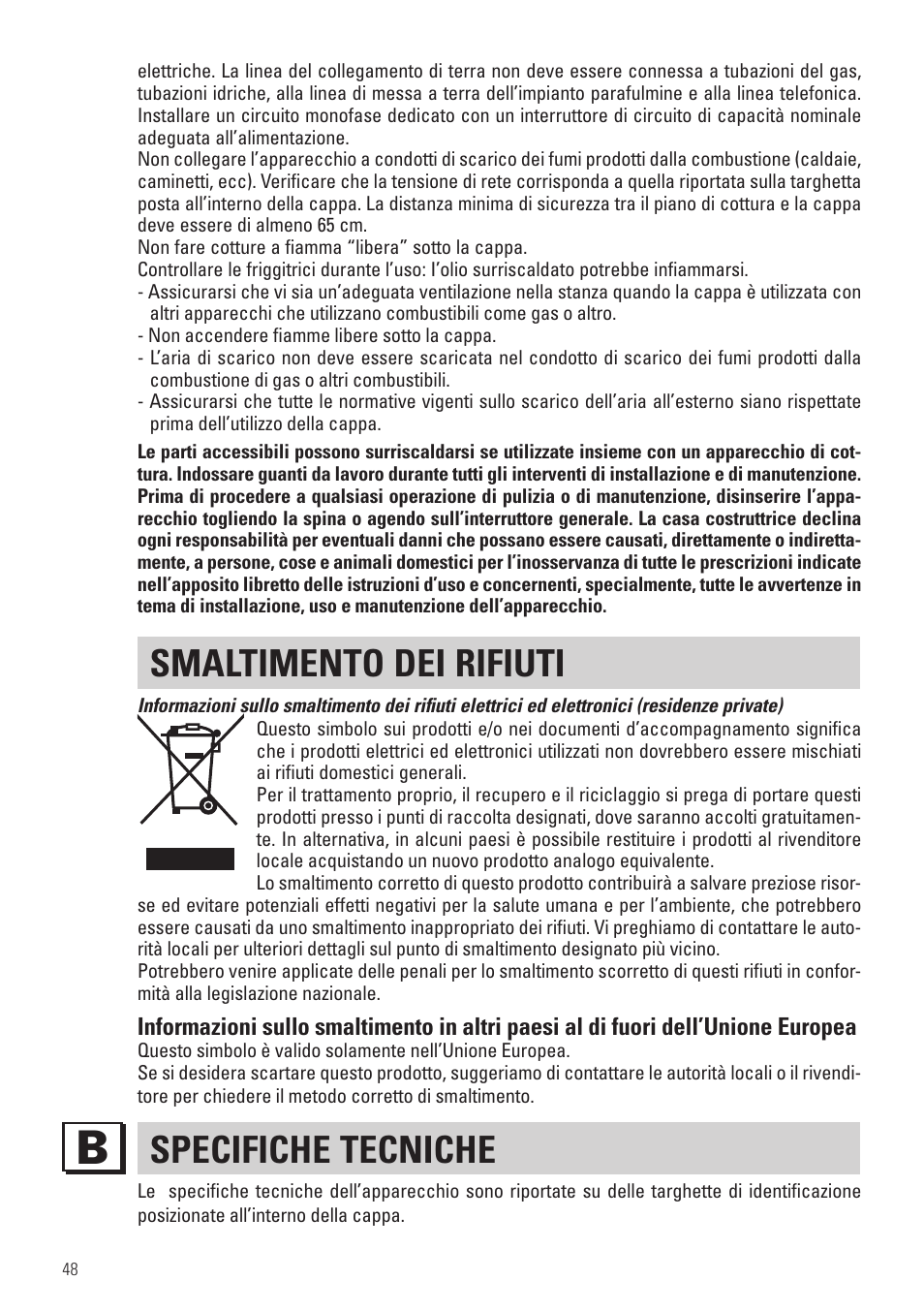 Smaltimento dei rifiuti, Specifiche tecniche | Panasonic KHB90FBW1 User Manual | Page 50 / 92