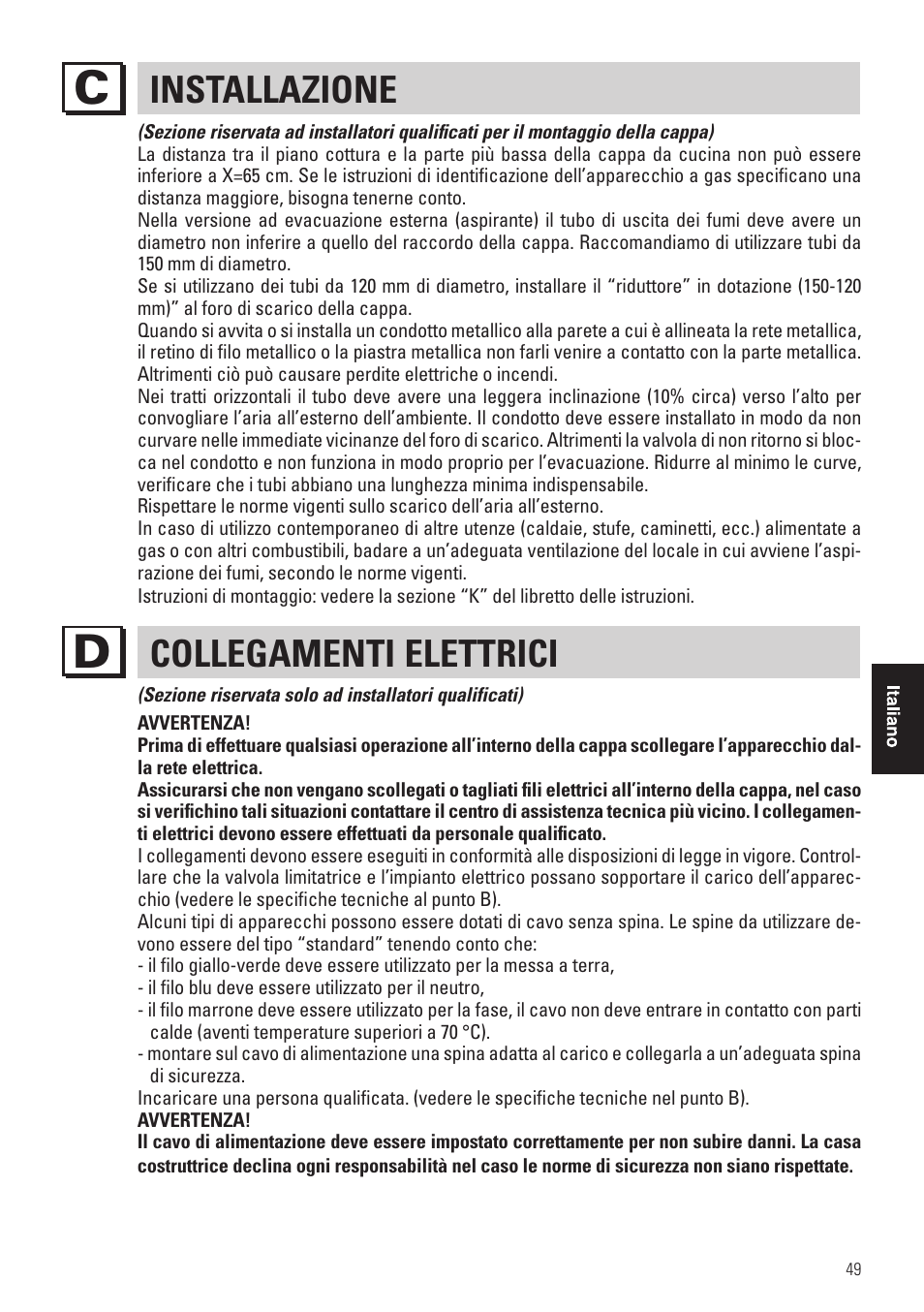 Installazione, Collegamenti elettrici | Panasonic KHB90FBW1 User Manual | Page 51 / 92