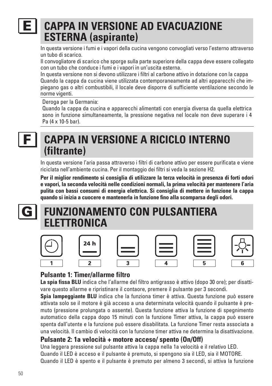 Cappa in versione a riciclo interno (filtrante), Funzionamento con pulsantiera elettronica | Panasonic KHB90FBW1 User Manual | Page 52 / 92