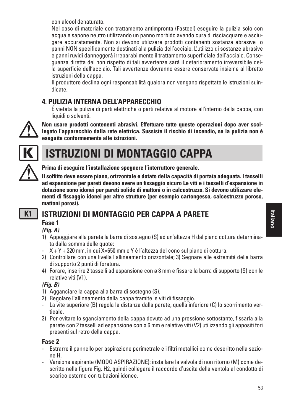 Istruzioni di montaggio cappa, K1 istruzioni di montaggio per cappa a parete | Panasonic KHB90FBW1 User Manual | Page 55 / 92