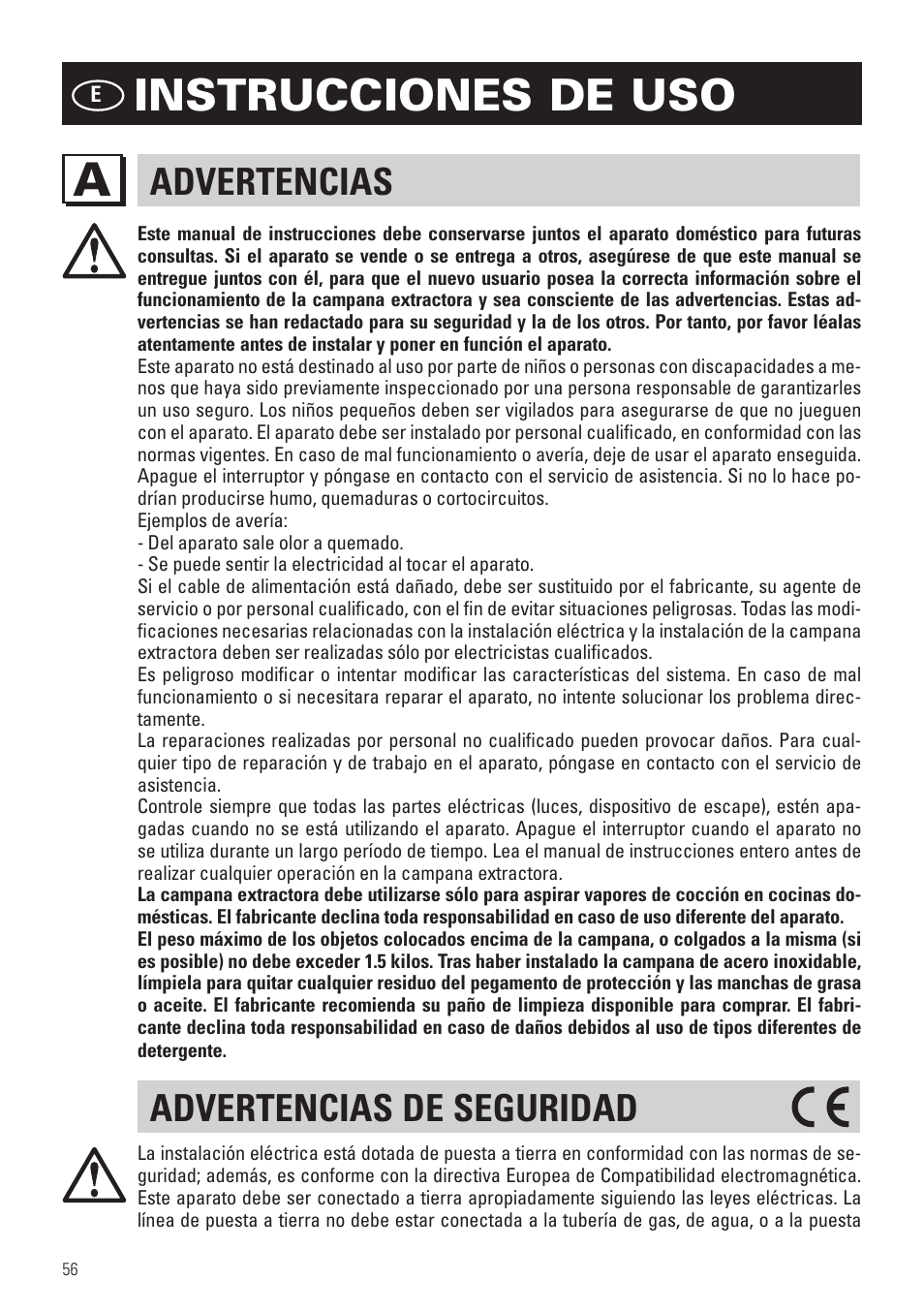 Instrucciones de uso, Advertencias, Advertencias de seguridad | Panasonic KHB90FBW1 User Manual | Page 58 / 92