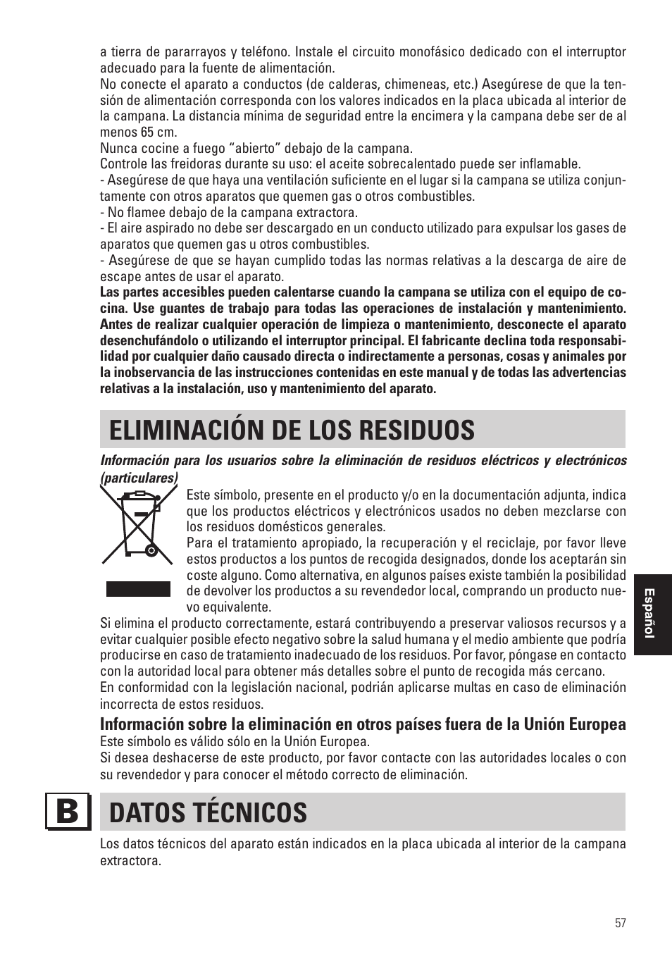 Eliminación de los residuos, Datos técnicos | Panasonic KHB90FBW1 User Manual | Page 59 / 92